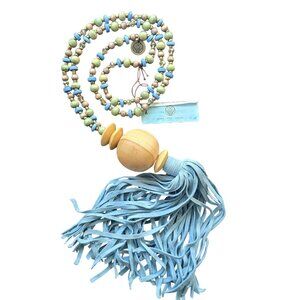 Mare Sole Amore NWT Bohemian Beaded Necklace With Wood & Tassel blue white